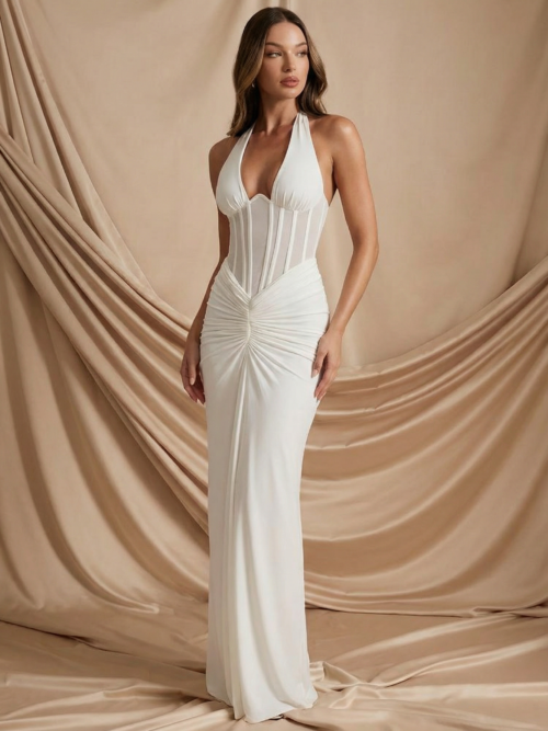 Halter Sleeveless Ruched Bodycon Maxi Dress