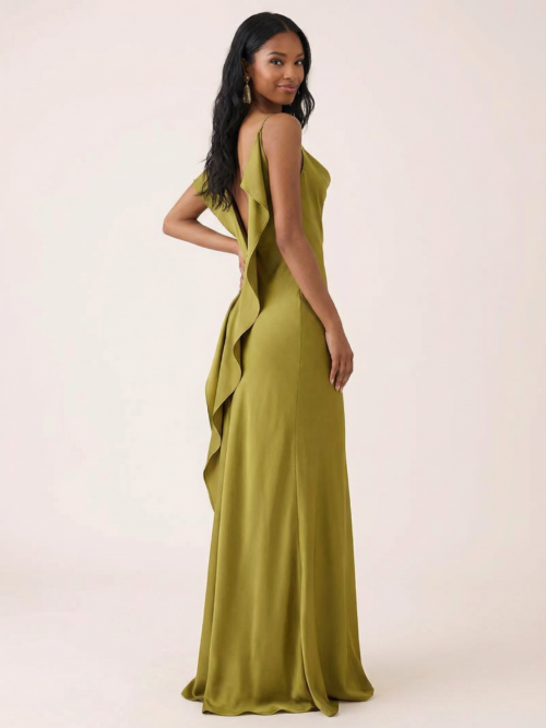 Elegant Green Satin Ruffles Backless Maxi Dress