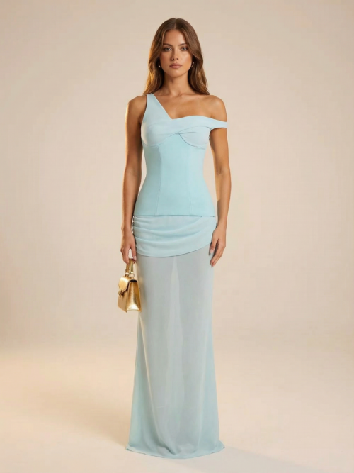 Blue Off Shoulder Elegant Formal Maxi Dress