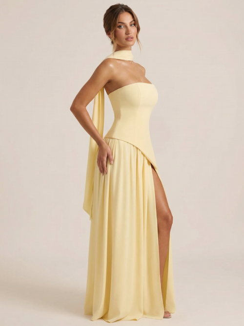 Elegant Strapless Scarf Pleated Maxi Dress