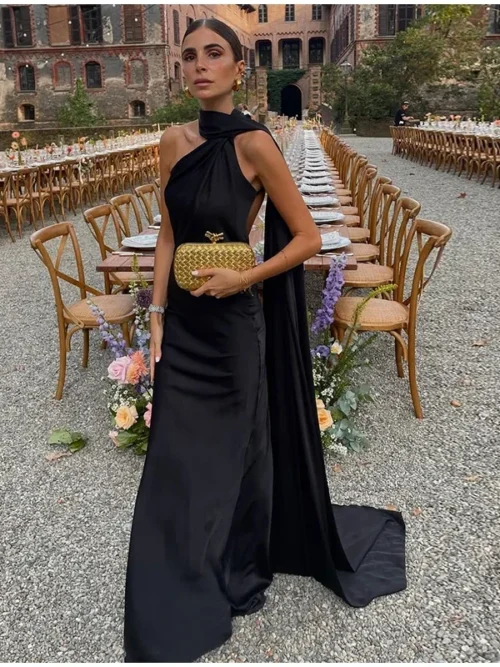 Elegant Satin Ribbon Scarf Halter Maxi Dress