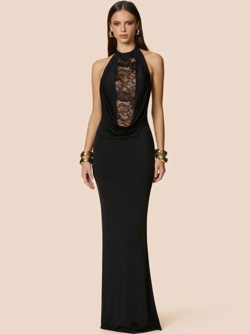 Halter Lace V Neck Maxi Dress