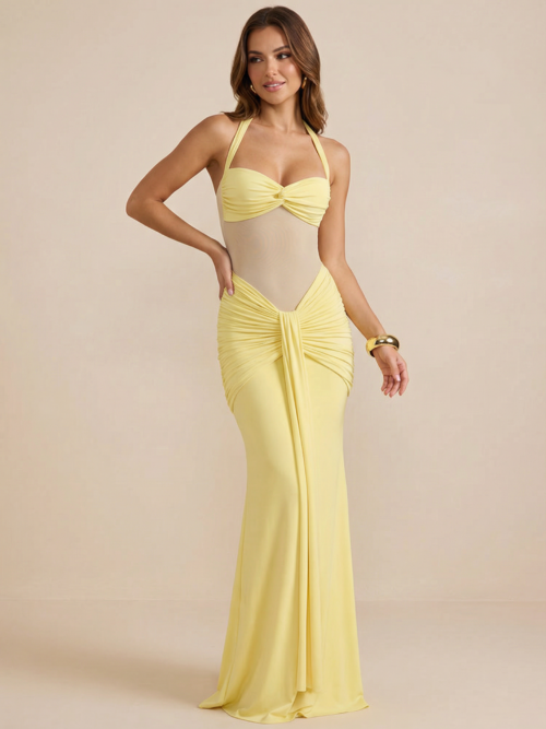Halter Neck Mesh Bodycon Maxi Dress