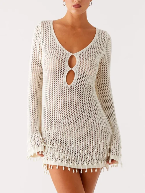 Pearl Long Sleeve V Neck Crochet Mini Dress
