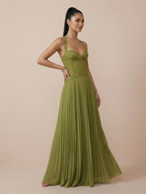 Green Corset Halter Elegant Maxi Dress