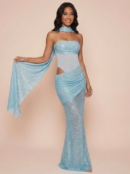 Blue Sequin Sparkly Strapless Bodycon Scarf Maxi Dress