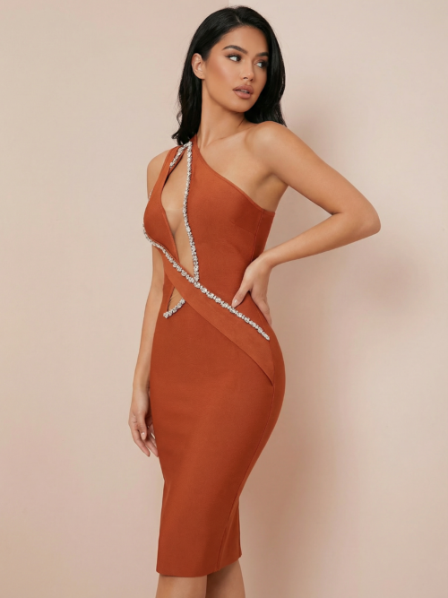 Orange Diamond Cut Out Bandage MIDI Dress