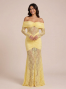 Off-shoulder Long Sleeve Lace Maxi Dress