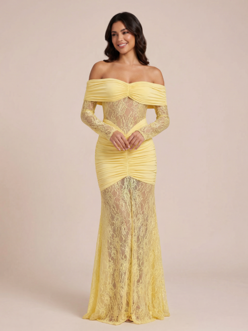 Off-shoulder Long Sleeve Lace Maxi Dress