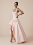 Elegant Pink White Halter Princess Maxi Dress