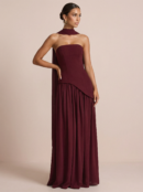Elegant Strapless Scarf Pleated Maxi Dress