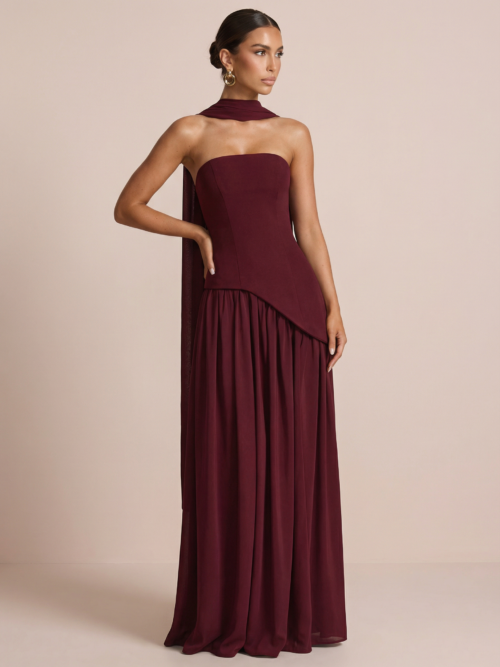 Elegant Strapless Scarf Pleated Maxi Dress