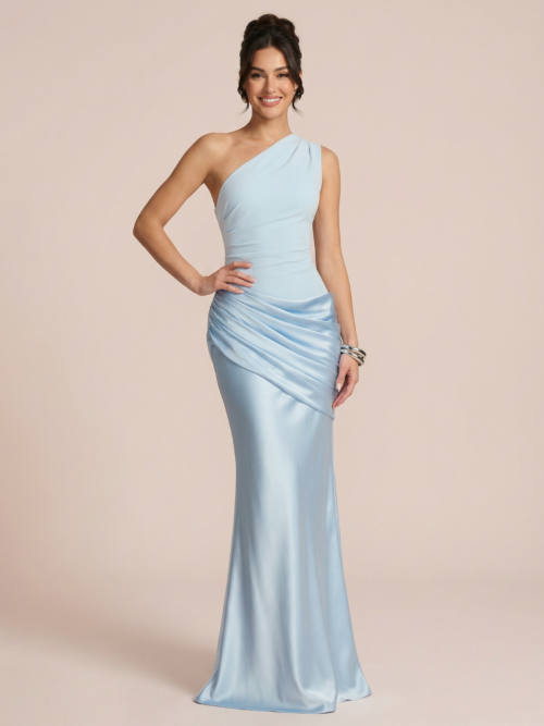 Blue Elegant Stain Oblique One Shoulder Maxi Dress
