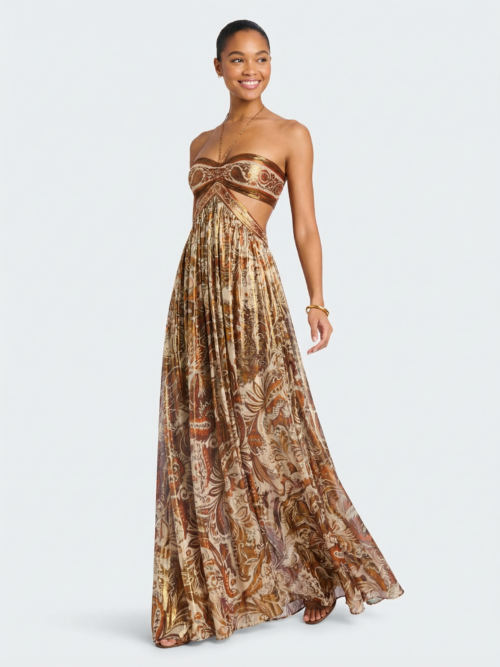 Printed Halter Neck Cut Out Vacation Maxi Dress