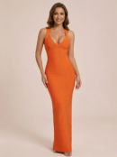 Orange V Neck Bodycon Bandage Maxi Dress