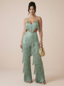 Green Two Piece Tassel Top & Trousers Set - Green, M