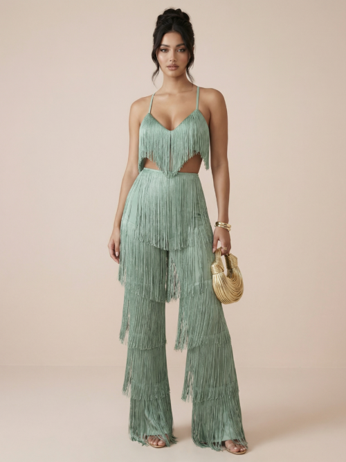 Green Two Piece Tassel Top & Trousers Set