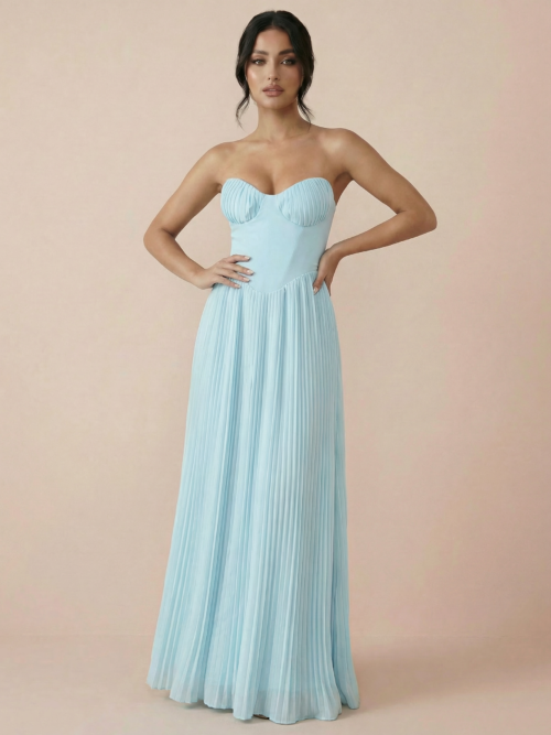 Blue Strapless Pleated Maxi Dress
