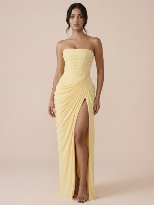 Yellow Off-shoulder Strapless Maxi Dress